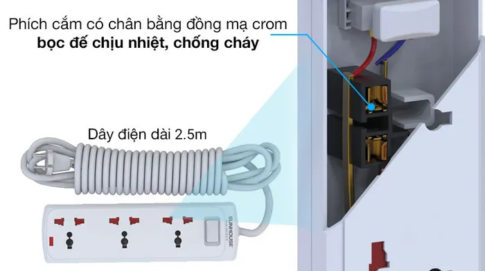 Mạch điện bằng đồng nguyên khối - Ổ cắm 3 lỗ dây 2.5m Sunhouse SHE OC6-3P