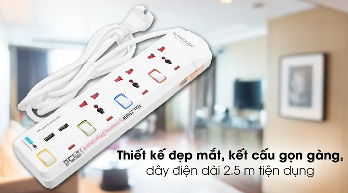 Ổ cắm điện Sunhouse 2 USB 3 lỗ 3 chấu 2.5m SHE- OC2-3RU - Kết cấu gọn gàng