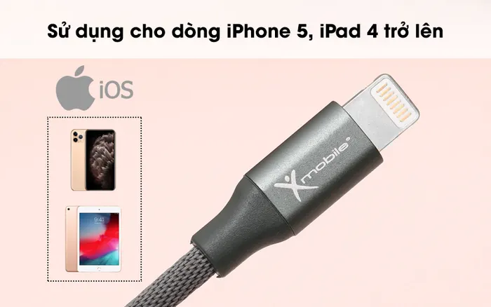 Sử dụng cho dòng iPhone5, iPad 4 trở lên - Cáp Lightning 1m Xmobile LTL-01X Xanh rêu