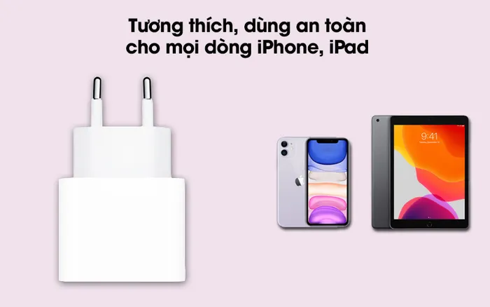 Adapter Sạc Type C 20W dùng cho iPhone/iPad Apple MHJE3 Trắng - Thiết kế dành cho mọi thiết bị iPhone, iPad