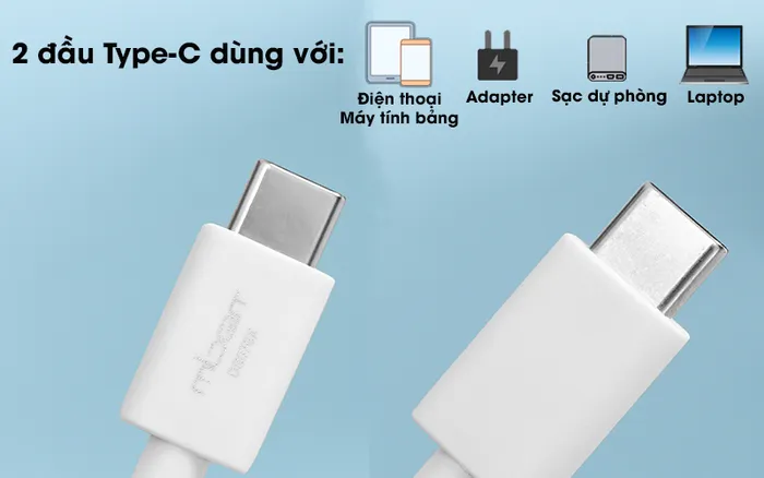 Cáp Type C - Type C 2m Mbest DS076X Trắng - Đầu cắm Type-C đồng nhất về thiết kế và chức năng