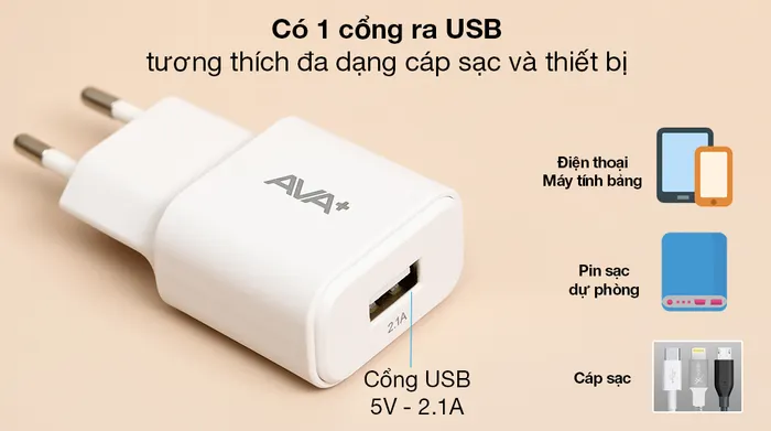 Adapter Sạc AVA+ DS017A-TB - Tích hợp cổng ra USB thông dụng