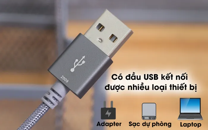 Cáp Lightning MFI 1m Mbest DS949-WB Xám - Thiết kế đầu vào USB