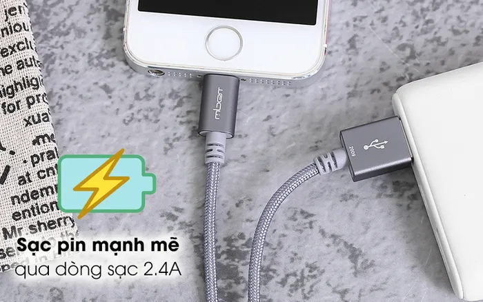 Cáp Lightning MFI 1m Mbest DS949-WB Xám - Cáp sạc Mbest nguồn ra 5V - 2.4A