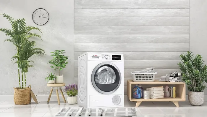 Thiết kế của máy sấy bơm nhiệt Bosch WTW85400SG mang tông màu trắng đơn giản, sang trọng
