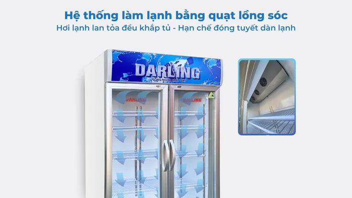 Hệ thống làm lạnh bằng quạt lồng sóc giúp hơi lạnh lan tỏa đều khắp tủ
