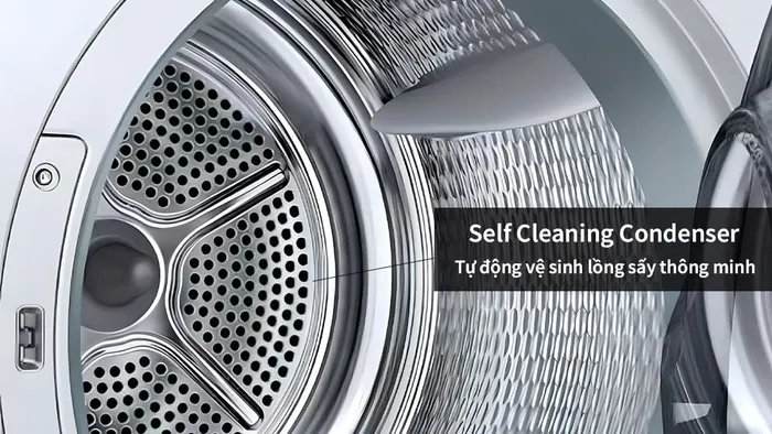 Tính năng tự động vệ sinh lồng sấy tiện lợi, giúp người dùng tiết kiệm thời gian khi muốn vệ sinh lồng sấy