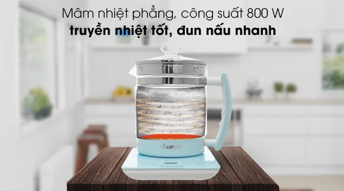 Mâm nhiệt inox phẳng truyền nhiệt tốt cùng công suất 800 W giúp đun nước, nấu ăn nhanh chóng