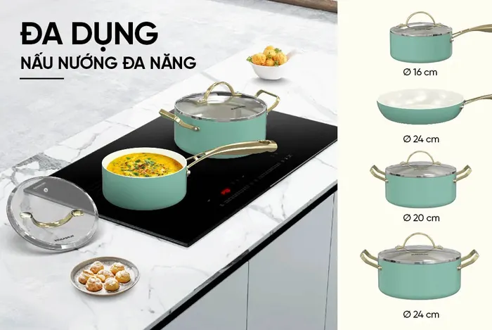 Bộ nồi chảo Ceramic đáy liền Infinity Sunhouse IF8668 gồm có 4 món