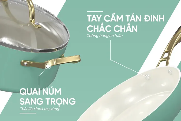 Quai cầm của bộ nồi chảo Sunhouse IF8668 được tán đinh chắc chắn