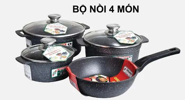 Bộ nồi chảo hợp kim nhôm đúc đáy từ Tithafac TF01 gồm 4 món