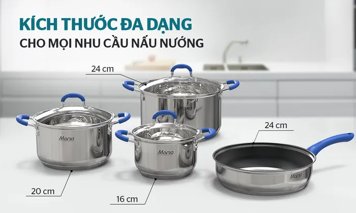 Bộ nồi chảo Inox 5 đáy Sunhouse Mama SHG509 kích thước đa dạng