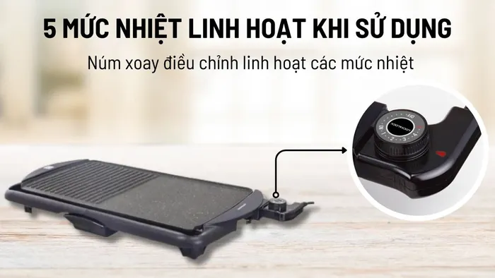 Trang bị núm xoay điều chỉnh nhiệt độ với 5 mức nhiệt linh hoạt