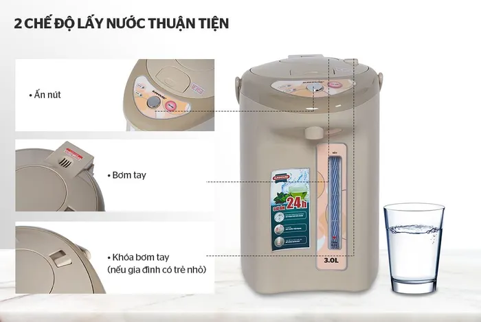 2 chế độ rót nước ấn nút và bơm tay