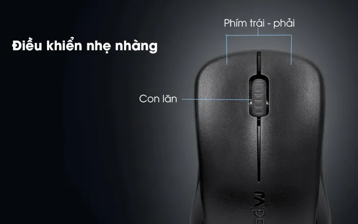 Chuột Không Dây Rapoo 1620 Đen - Con lăn, phím bấm nhạy