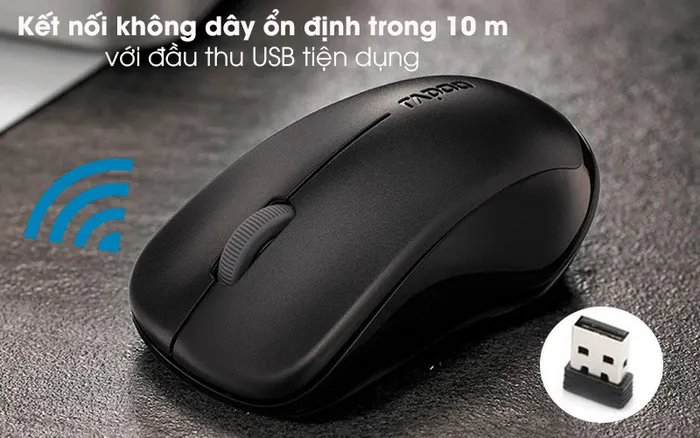 Chuột Không Dây Rapoo 1620 Đen - Thiết kế không dây với đường truyền ổn định trong 10 m, kết nối qua đầu thu USB hiện đại