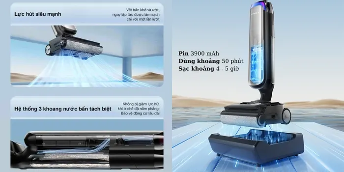 Lực hút mạnh mẽ 22.000 Pa làm sạch sâu, nhanh chóng