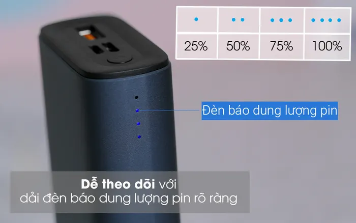 Pin sạc dự phòng Polymer 10.000mAh Type C PD QC3.0 Xmobile PowerSlim PJ JP213 - Đèn báo dung lượng pin 4 mốc, mỗi đèn LED tương ứng với 25% pin
