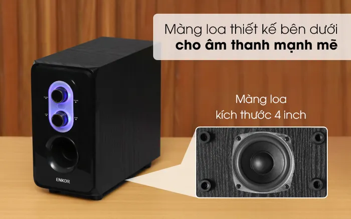 Màng loa 4 inch thiết kế bên dưới loa cho âm thanh mạnh mẽ - Loa vi tính 2.1 Enkor E50 Đen