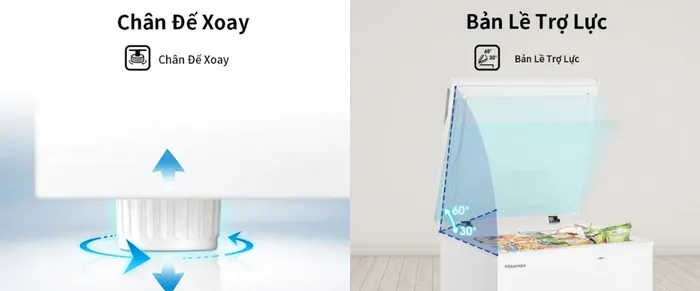 Bản lề trợ lực, chân đế xoay trên Tủ Đông Hisense FC260D4EWC1