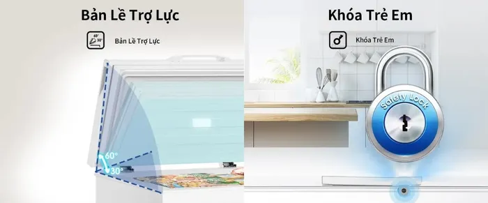 Bản lề trợ lực, khóa an toàn trên Tủ Đông Hisense FC380D4EWC1