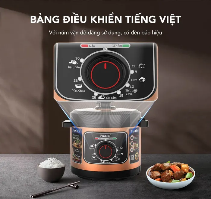 Bảng điều khiển tiếng Việt của Nồi áp suất điện Funiki HPC6858 6 Lít