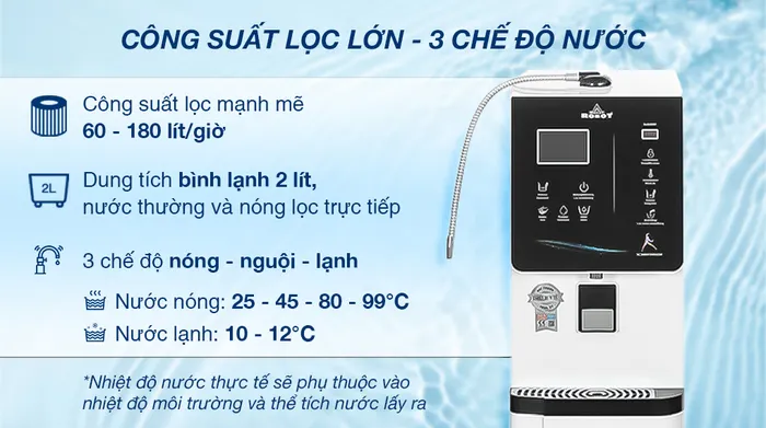 Máy lọc nước điện giải ion kiềm nóng nguội lạnh ROBOT IonKing 711X 6 lõi 7 tấm điện cực - Công suất, dung tích bình chứa