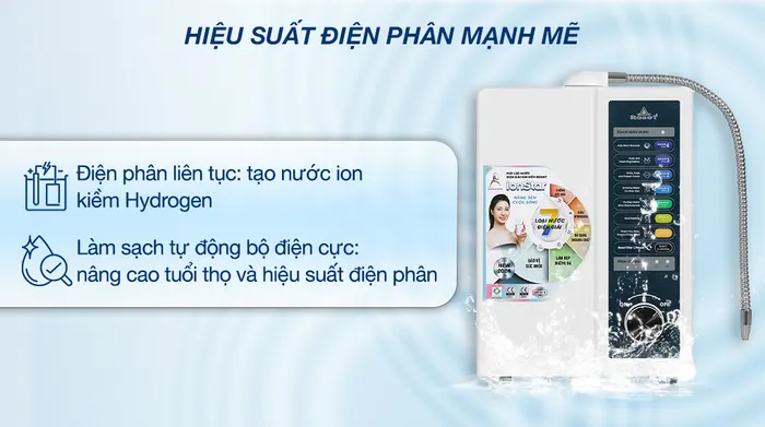 Điện phân liên tục - Máy lọc nước điện giải ion kiềm Robot IonStar 5X 2 lõi 5 tấm điện cực