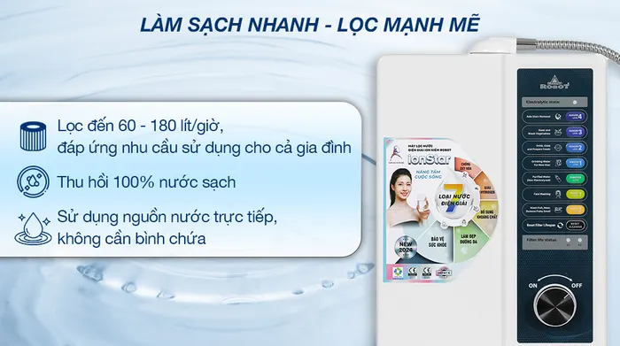 Lọc sạch nhanh - Máy lọc nước điện giải ion kiềm Robot IonStar 5X 2 lõi 5 tấm điện cực