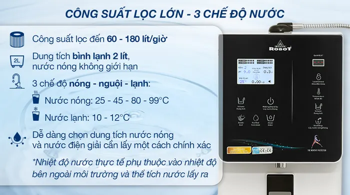 Máy lọc nước điện giải ion kiềm nóng nguội lạnh Robot IonQueen 1113X - Công suất