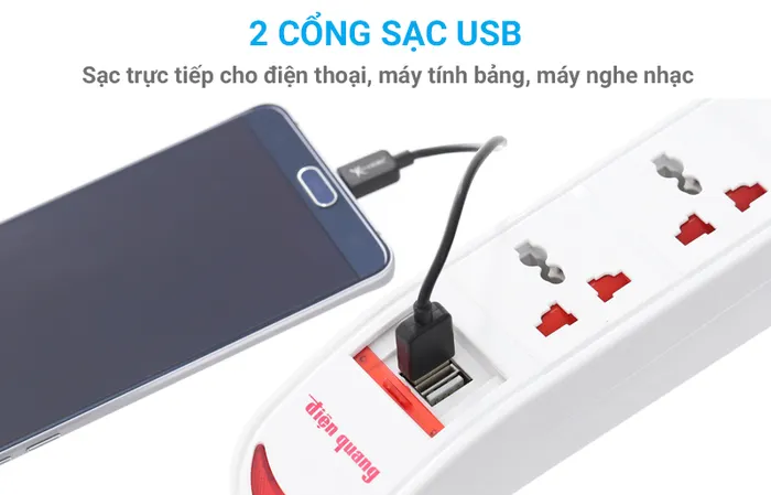 Tích hợp cổng USB tiện lợi  - Ổ cắm Điện Quang 3 lỗ 3 chấu 2USB 5m DBW103USB