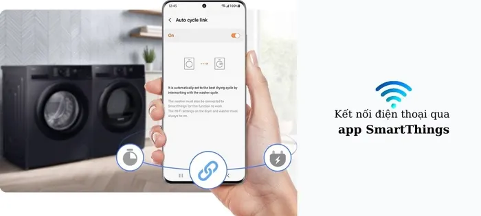 Máy sấy Samsung DV90CGC2A0ABSV kết nối điện thoại qua app SmartThings