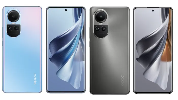 OPPO Reno 10 màu Ice Blue - xanh lấp lánh và Silvery Grey – màu xám bạc