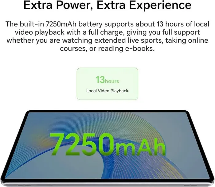 Với viên pin dung lượng lớn 7250mAh, HONOR Pad X9 có thể hoạt động liên tục suốt ngày dài mà không cần sạc lại