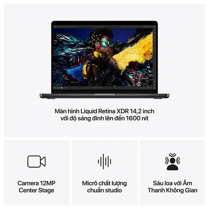 Màn hình Liquid Retina XDR của MacBook Pro M4 Pro 14 inch nổi bật với chất lượng hình ảnh vượt trội và tích hợp nhiều công nghệ tiên tiến