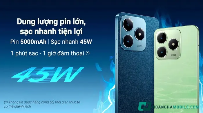 Dung lượng pin 5000mAh và sạc nhanh SUPERVOOC 45W trên điện thoại realme C65s