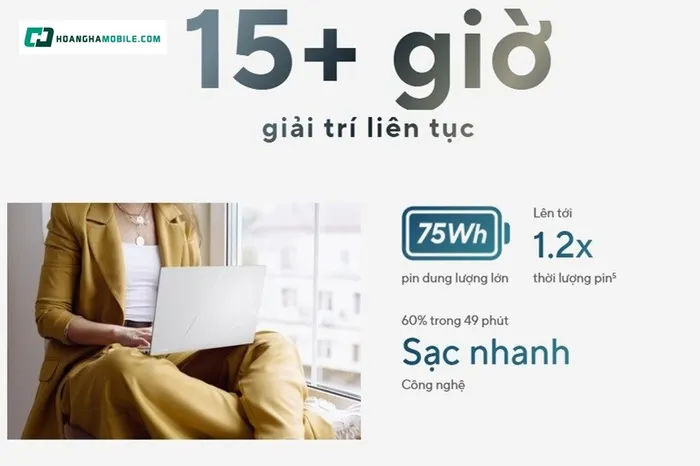 Pin dung lượng lớn 75Wh.