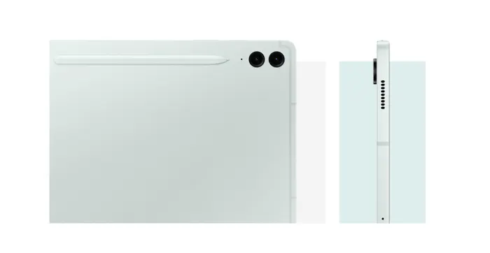 Cận cảnh mặt sau của Galaxy Tab S9 FE+ màu Mint, cho thấy thiết kế mặt sau, hệ thống camera và bút S Pen đi kèm. Một chiếc Galaxy Tab S9 FE+ khác màu Mint được nhìn từ bên cạnh, thể hiện thiết kế.