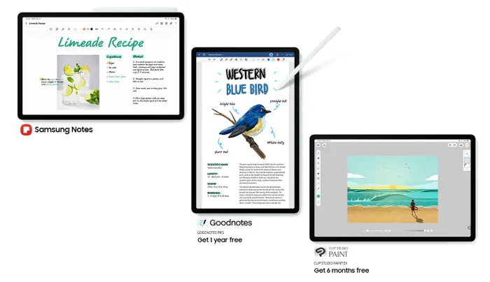 Galaxy Tab S9 FE+ ở chế độ Mint ở chế độ Nằm ngang, hướng về phía trước với S Pen được gắn phía trên và ứng dụng Samsung Notes mở trên màn hình. Logo Samsung Notes. Galaxy Tab S9 FE+ ở dạng Mint ở chế độ Chân dung, hướng về phía trước với S Pen hướng vào màn hình và ứng dụng GOODNOTES PRO mở có dòng chữ Nhận 1 năm miễn phí. Galaxy Tab S9 FE+ màu Tím oải hương ở chế độ Nằm ngang, hướng về phía trước với ứng dụng Clip Studio Paint mở trên màn hình với dòng chữ CLIPSTUDIO EX Nhận 6 tháng miễn phí.