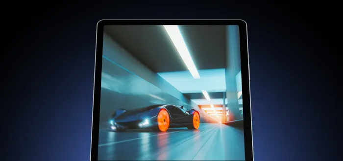  Galaxy Tab S9 FE+ ở chế độ Chân dung, hướng về phía trước với một chiếc ô tô đang di chuyển nhanh qua đường hầm hiển thị trên màn hình o, làm nổi bật chuyển động mượt mà của màn hình.