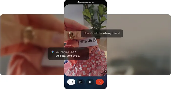 Google Gemini Live đang hoạt động và người dùng đang tìm kiếm lời khuyên giặt ủi cho chiếc đầm của họ. Qua camera, màn hình hiển thị nhãn chăm sóc, làm nổi bật các biểu tượng giặt.